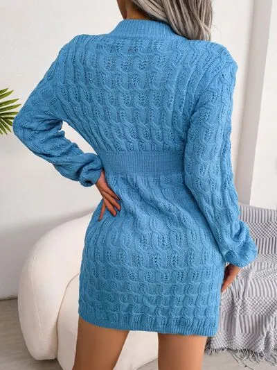 Elegant Cable-Knit Mini Wrap Sweater Dress with Round Neck