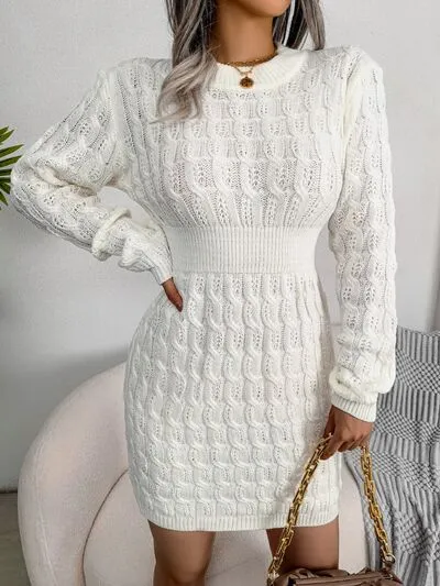 Elegant Cable-Knit Mini Wrap Sweater Dress with Round Neck