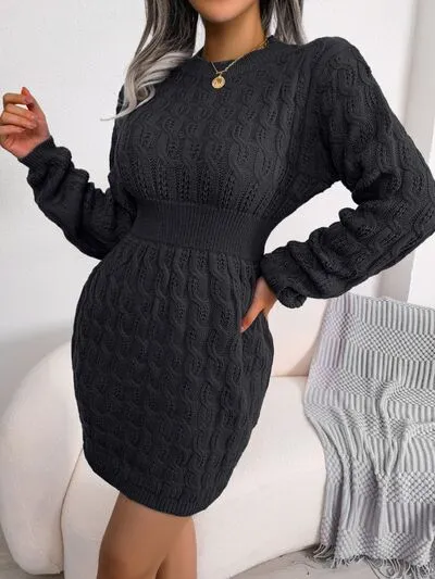 Elegant Cable-Knit Mini Wrap Sweater Dress with Round Neck
