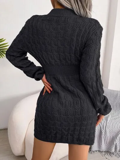 Elegant Cable-Knit Mini Wrap Sweater Dress with Round Neck