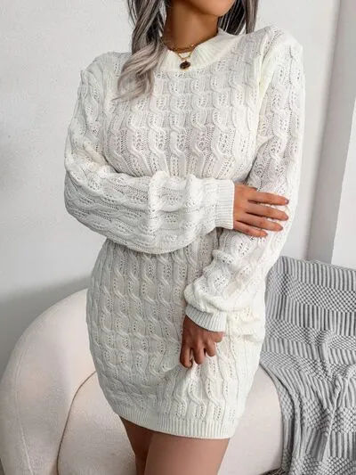 Elegant Cable-Knit Mini Wrap Sweater Dress with Round Neck