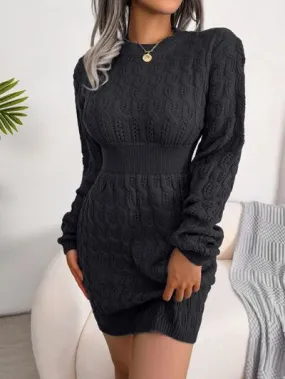 Elegant Cable-Knit Mini Wrap Sweater Dress with Round Neck