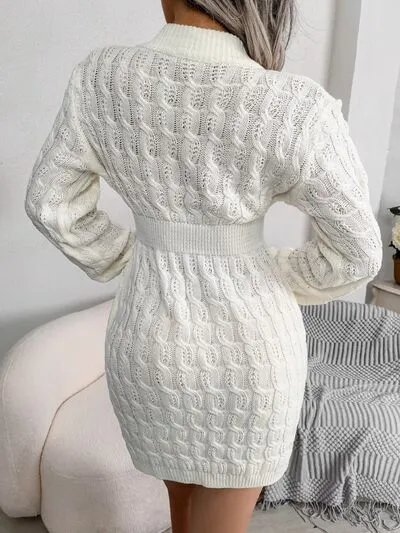 Elegant Cable-Knit Mini Wrap Sweater Dress with Round Neck
