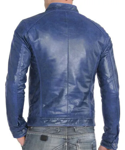 Everest Genuine Real Leather Jacket Men Blue Biker Motorcycle