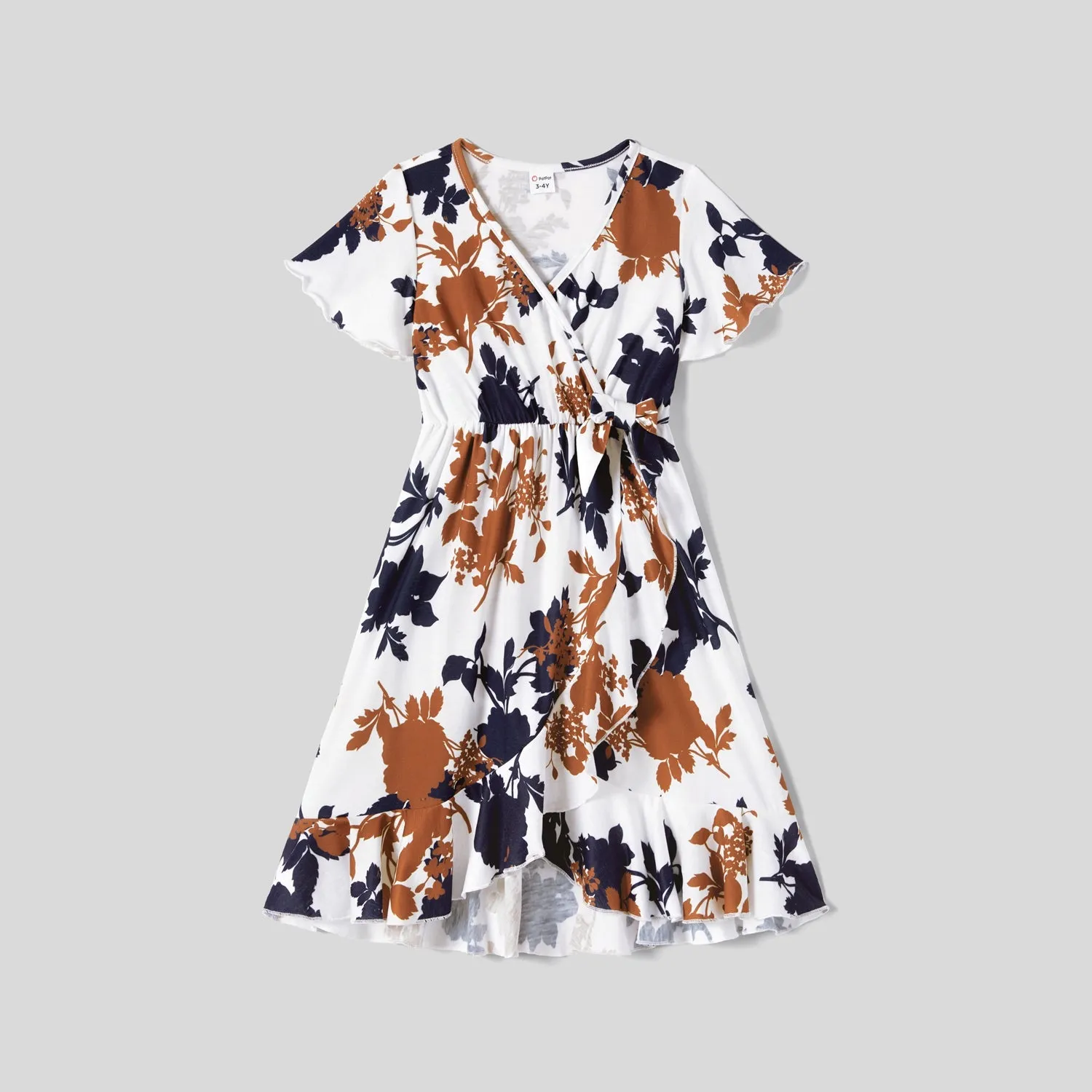 Family Matching Allover Floral Print Ruffled Knot Side Wrap Dresses and Stripe Panel Short-sleeve T-shirts Sets