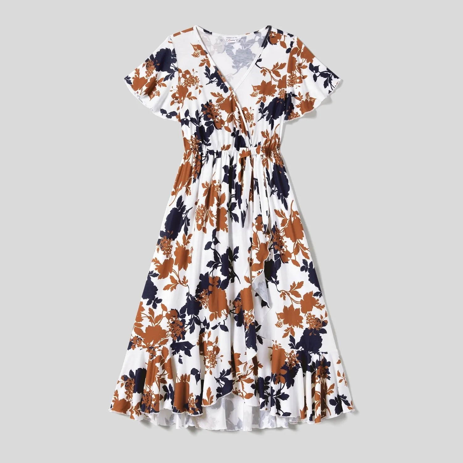 Family Matching Allover Floral Print Ruffled Knot Side Wrap Dresses and Stripe Panel Short-sleeve T-shirts Sets