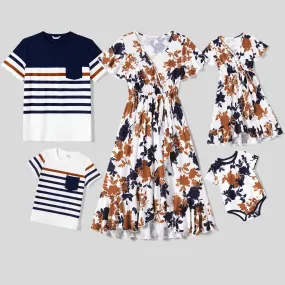 Family Matching Allover Floral Print Ruffled Knot Side Wrap Dresses and Stripe Panel Short-sleeve T-shirts Sets