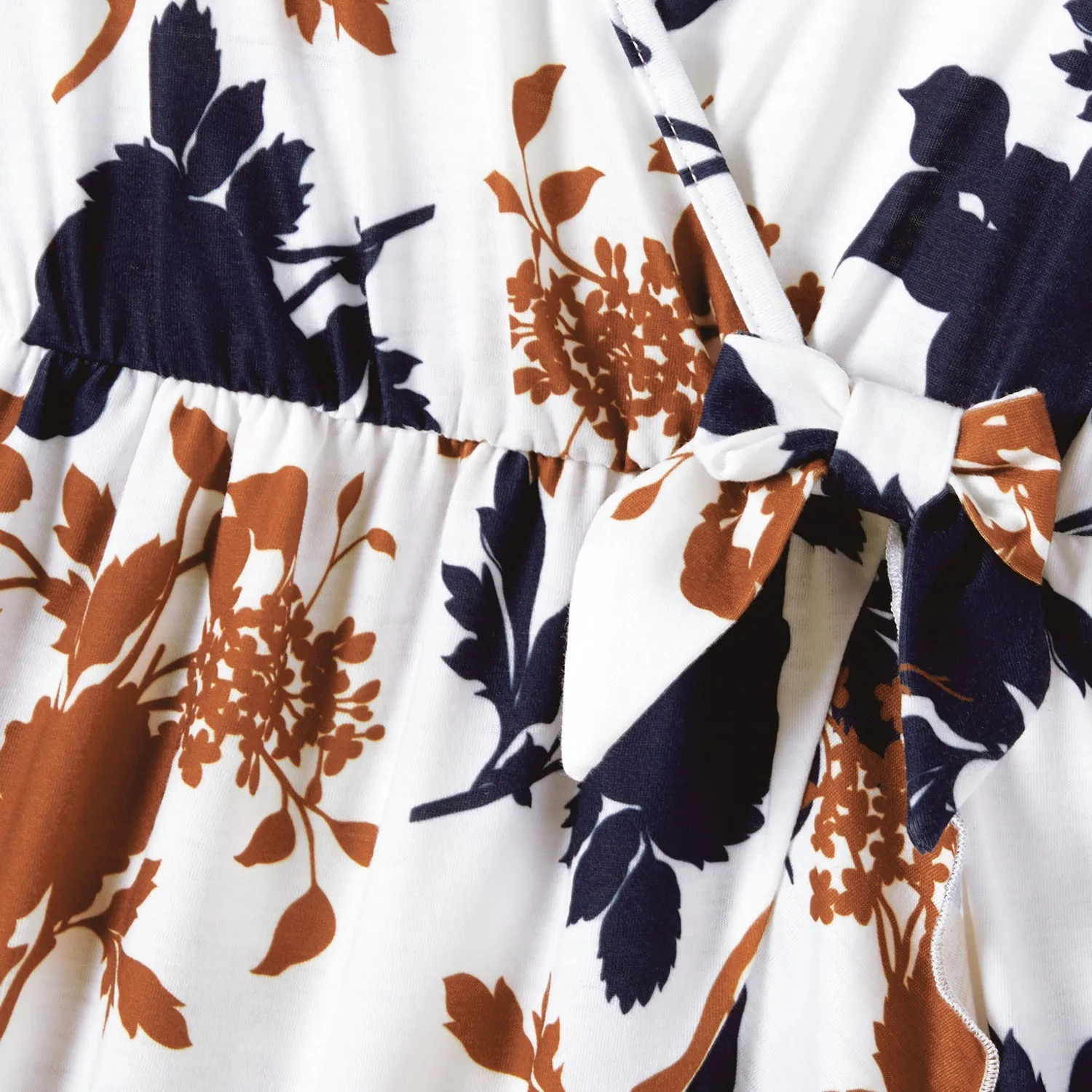Family Matching Allover Floral Print Ruffled Knot Side Wrap Dresses and Stripe Panel Short-sleeve T-shirts Sets