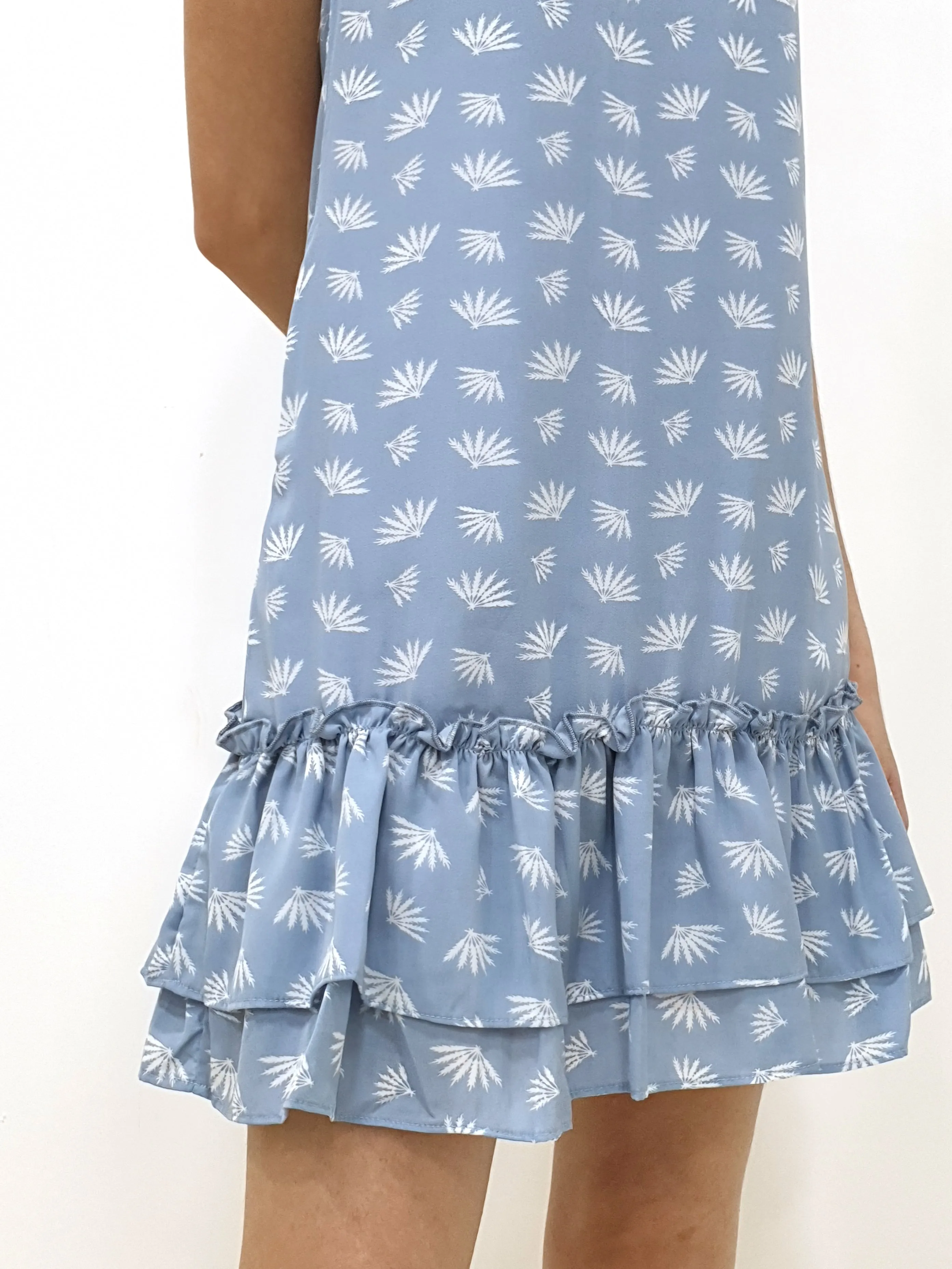 Fans Print Ruffles Dress - Blue (Non-returnable)