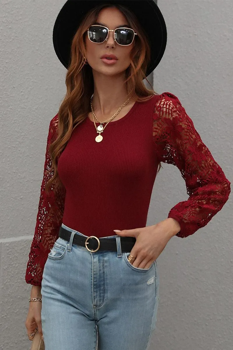 FLORAL PATTERN LACE SLEEVE CREW NECK SWEATER TOP