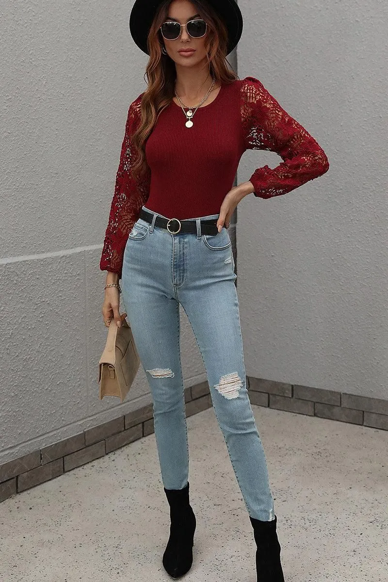 FLORAL PATTERN LACE SLEEVE CREW NECK SWEATER TOP