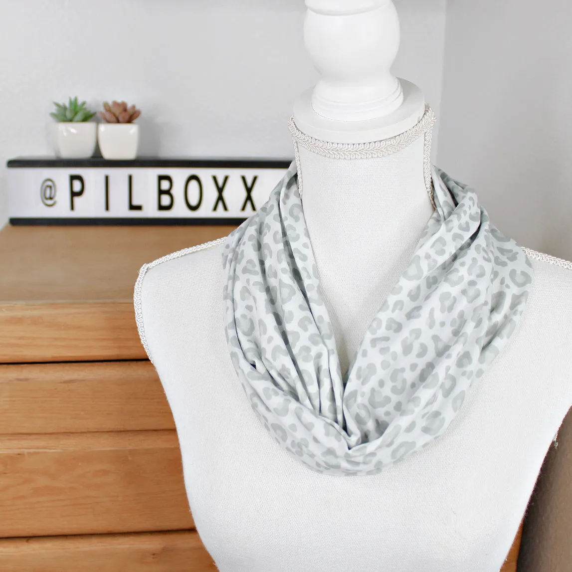 Gray Leopard Print Skinny Infinity Scarf