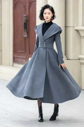 Handmade Gray Hooded Long Wool Coat for Women – Elegant Winter Fashion 5344