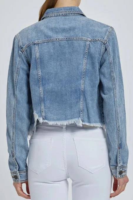 Hidden Cropped Denim Jacket - Medium Blue
