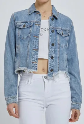 Hidden Cropped Denim Jacket - Medium Blue