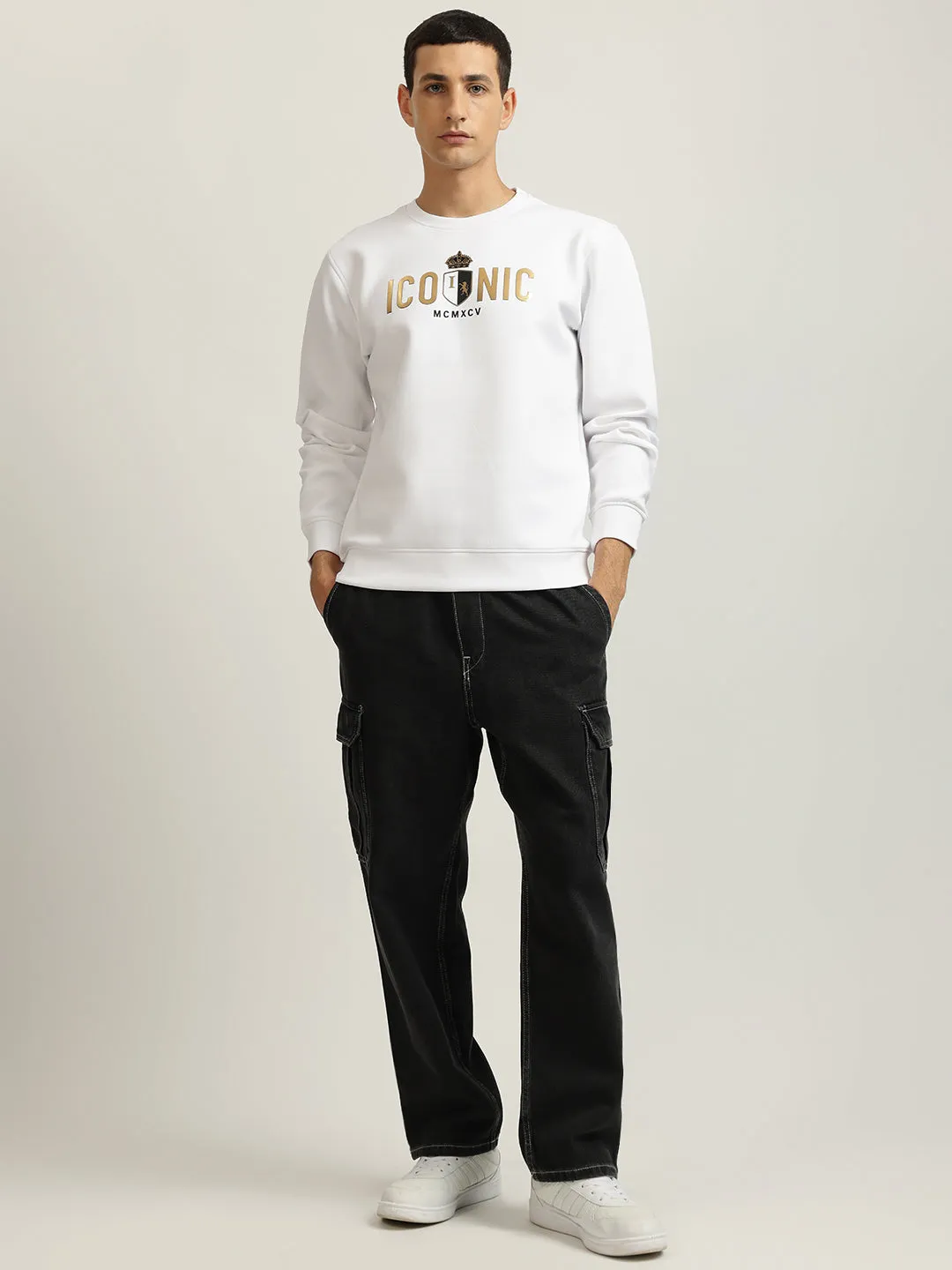 Iconic Men White Printed Round Neck Full Sleeves Pullover Style Sweatshirt