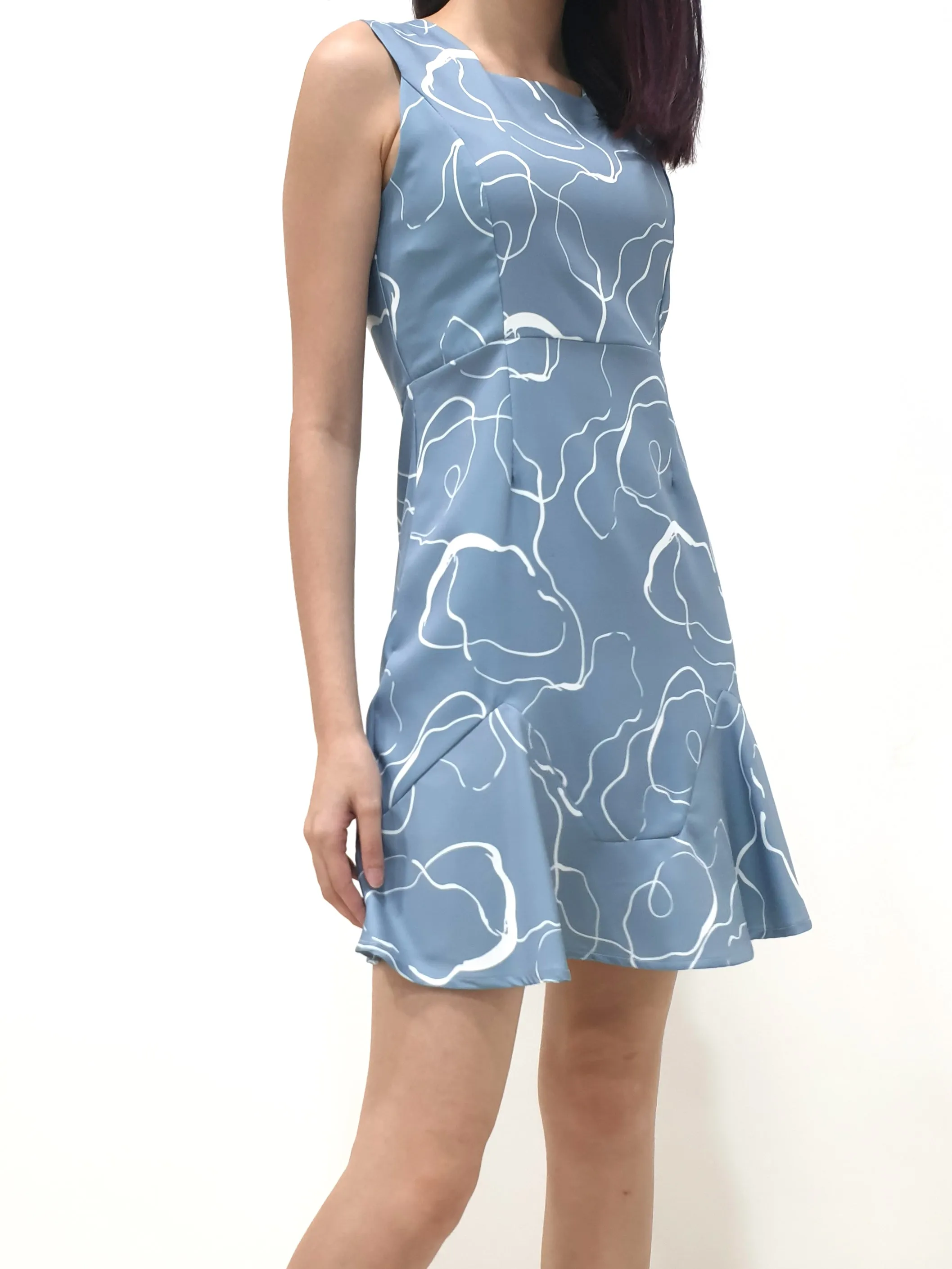 Illustration Square Neck Dress - Blue (Non-returnable)
