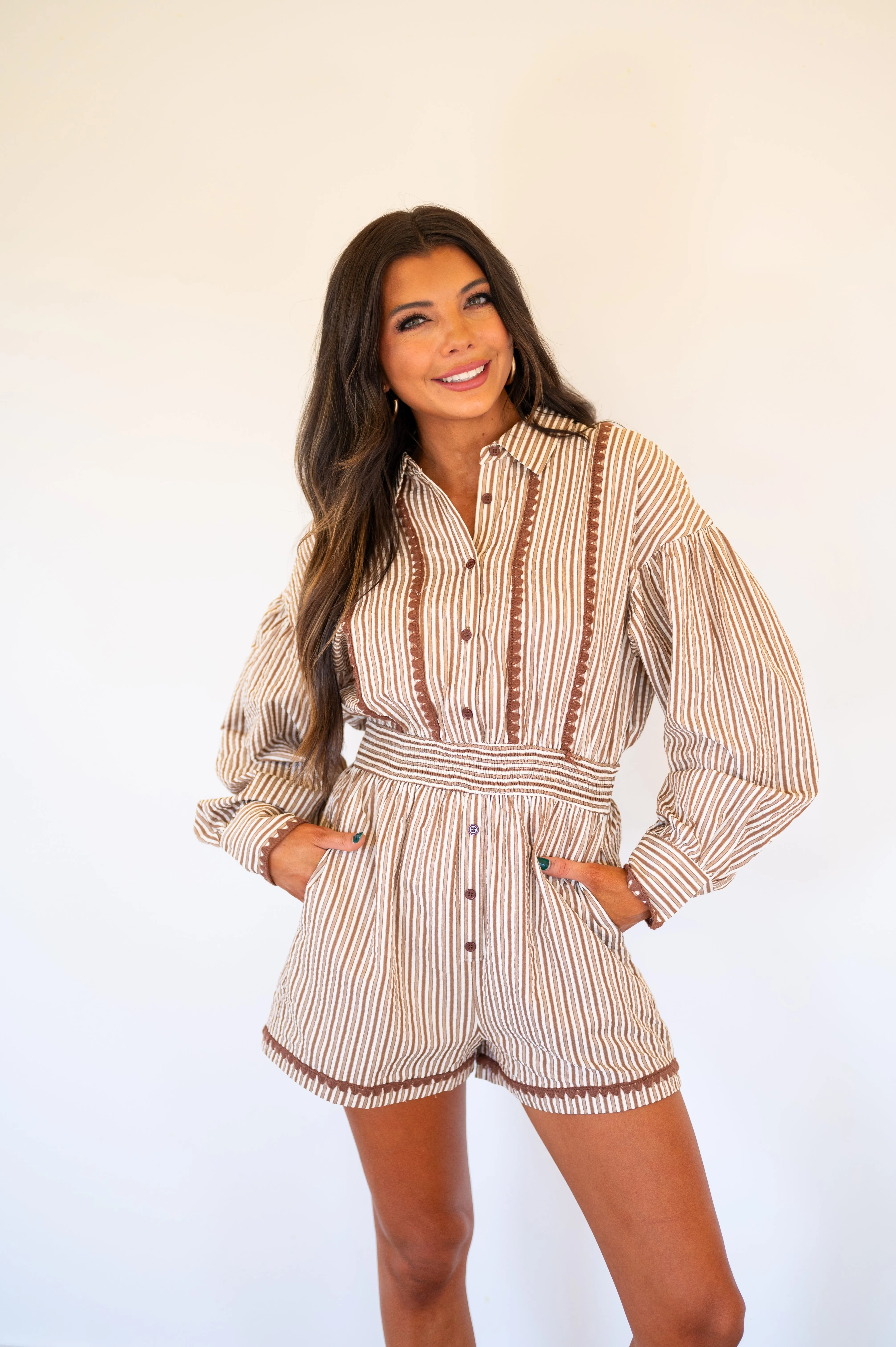 Kenna Button Down Stripe Romper- Mocha