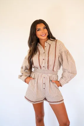 Kenna Button Down Stripe Romper- Mocha