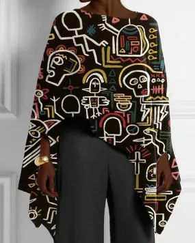 Ladies Art Black Print Irregular Hem Top
