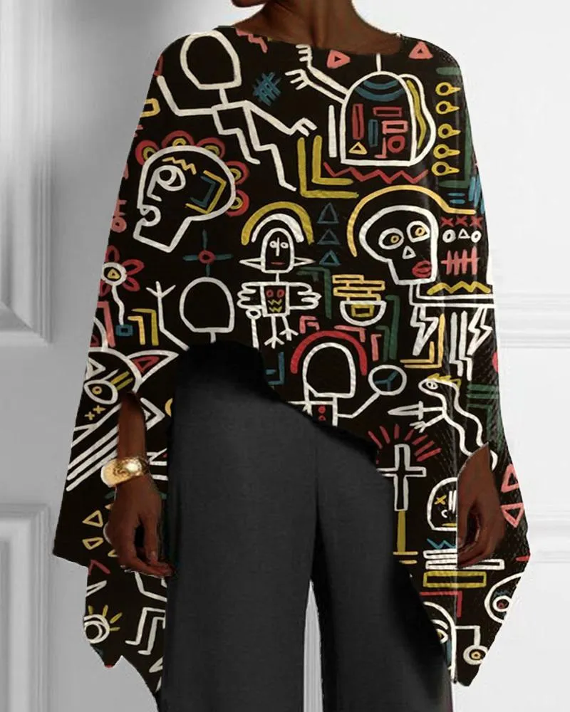 Ladies Art Black Print Irregular Hem Top