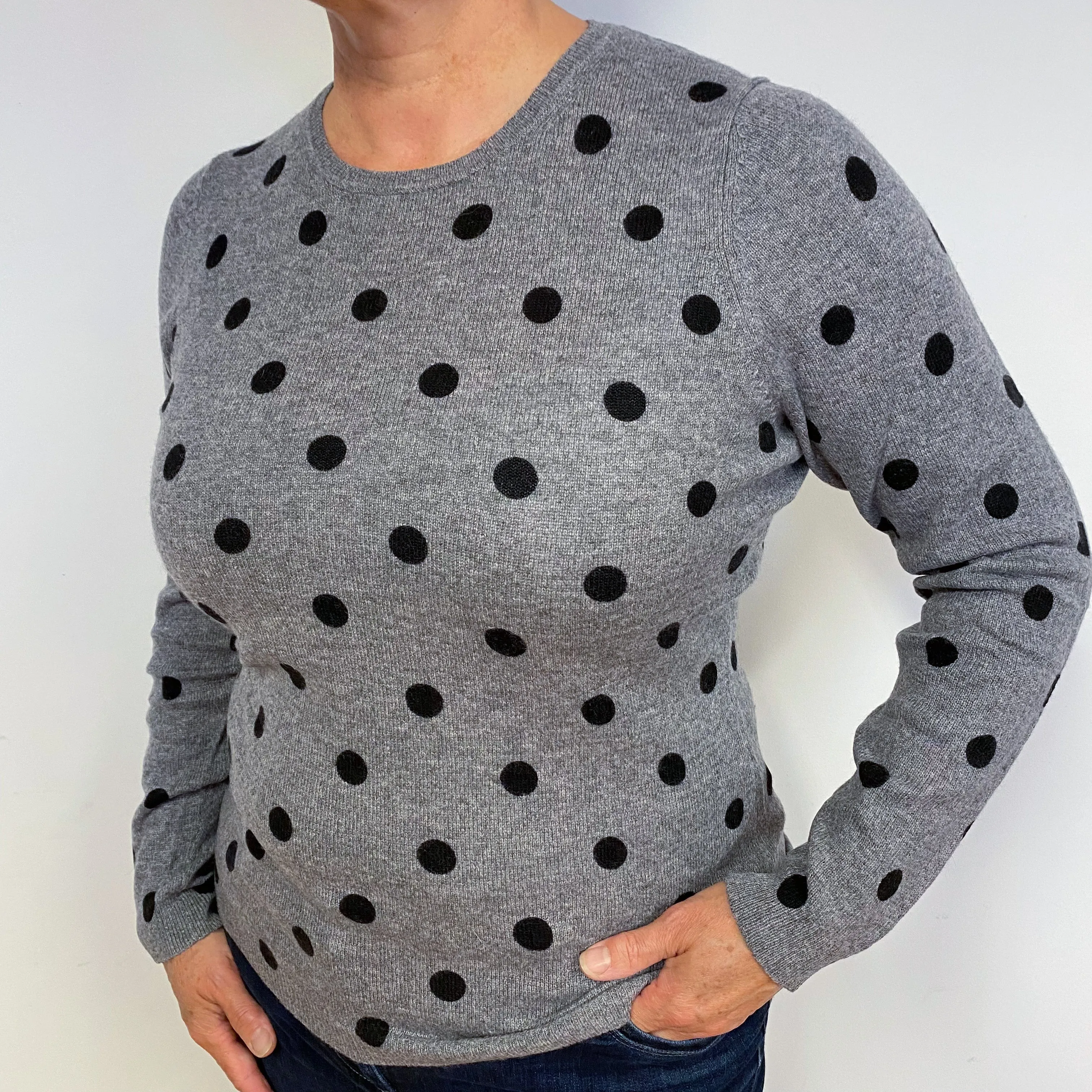 Lightweight Grey Polka Dot Cashmere Crew Neck Jumper