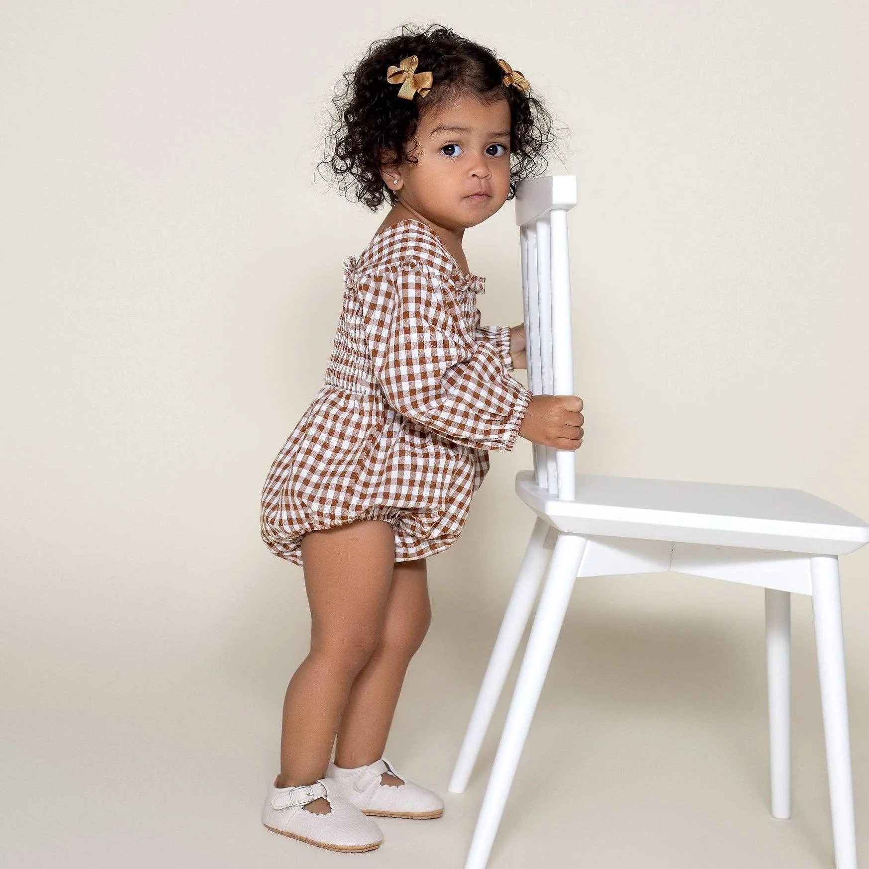 Lily L/S Puff Sleeve Romper - Cocoa Gingham