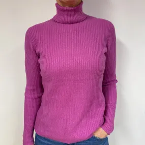 Loganberry Pink Ribbed Cashmere Polo Neck Jumper Medium