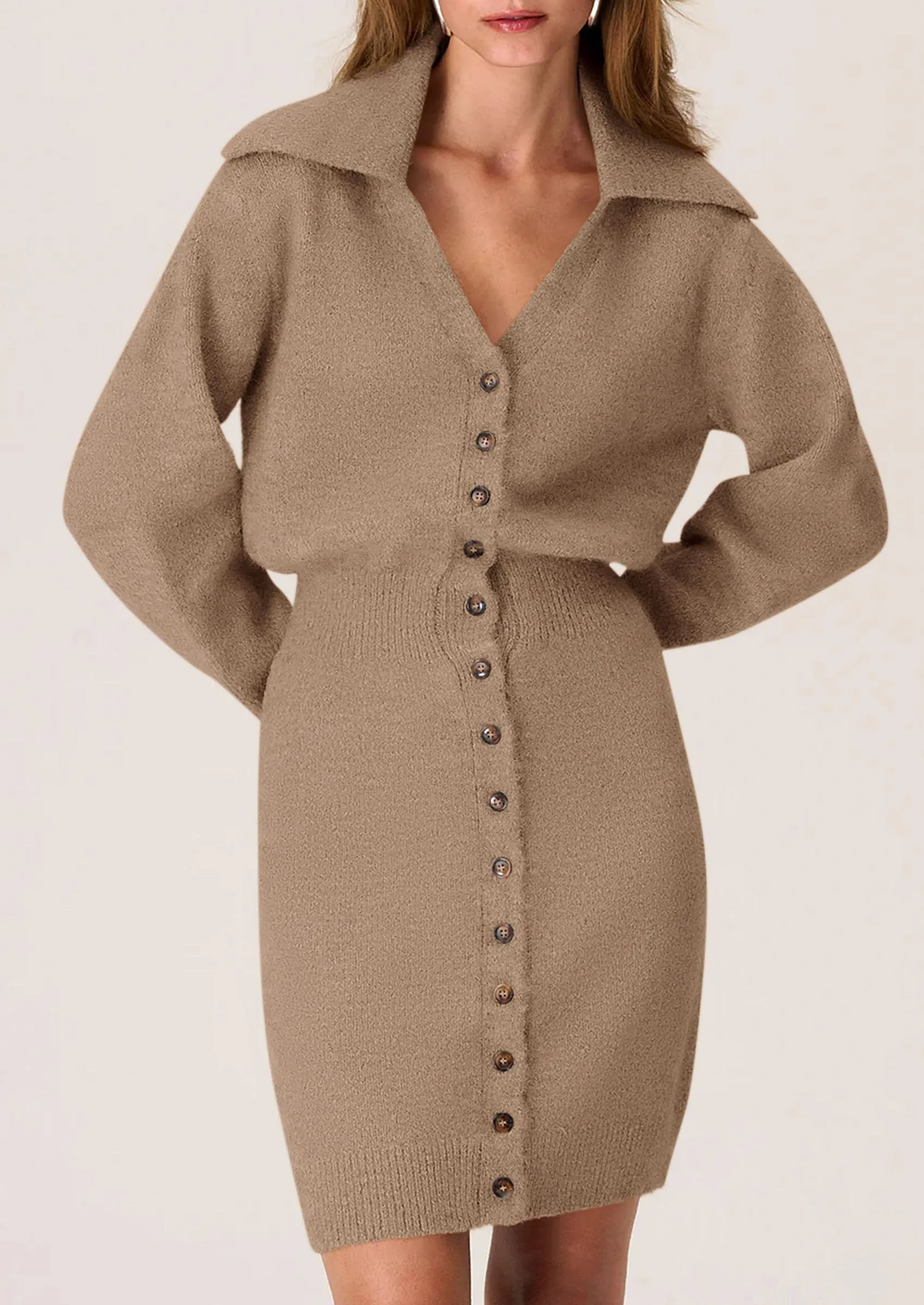 Long Sleeve V Neck Button Down Knit Pullover Sweater Dresses