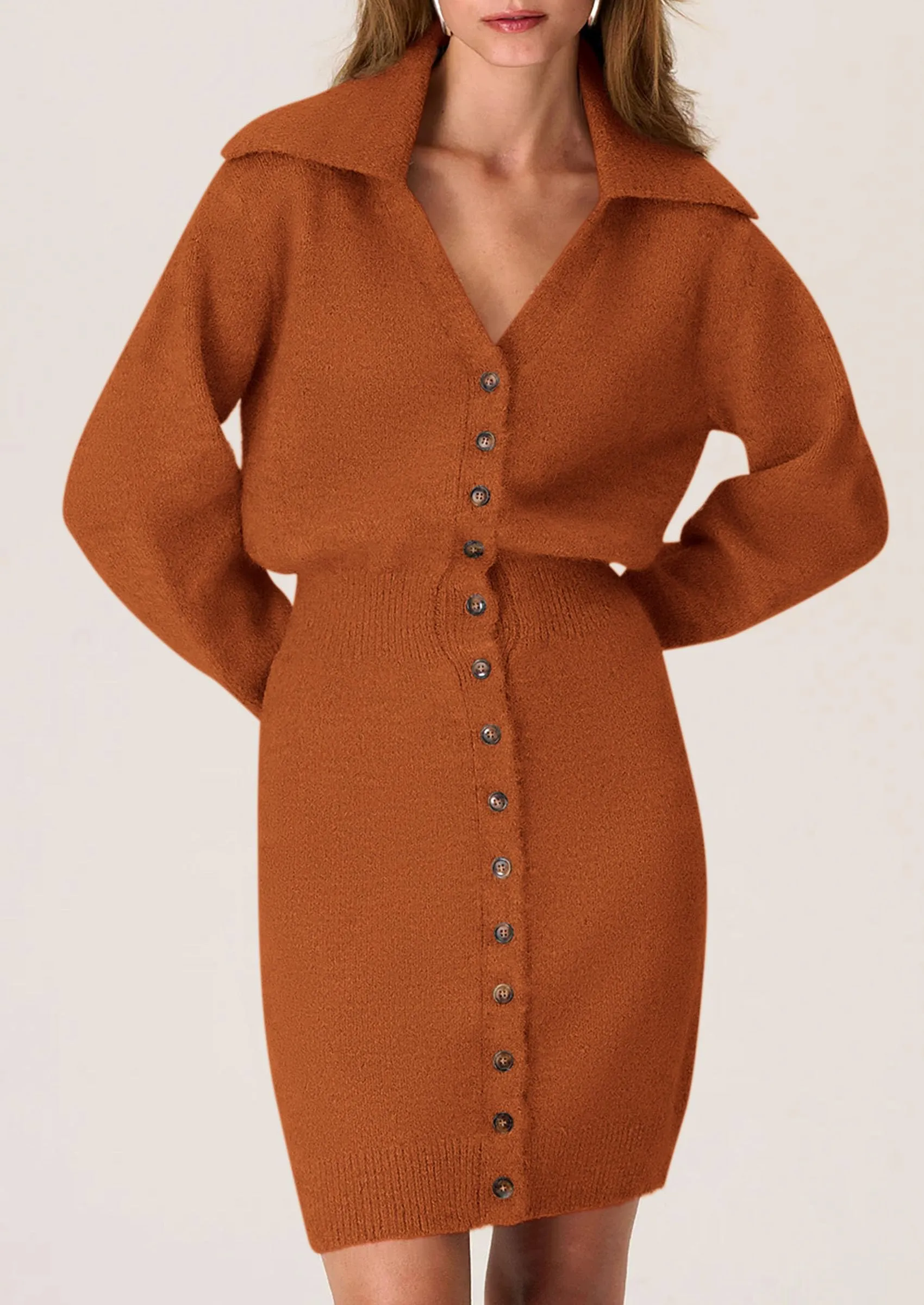 Long Sleeve V Neck Button Down Knit Pullover Sweater Dresses