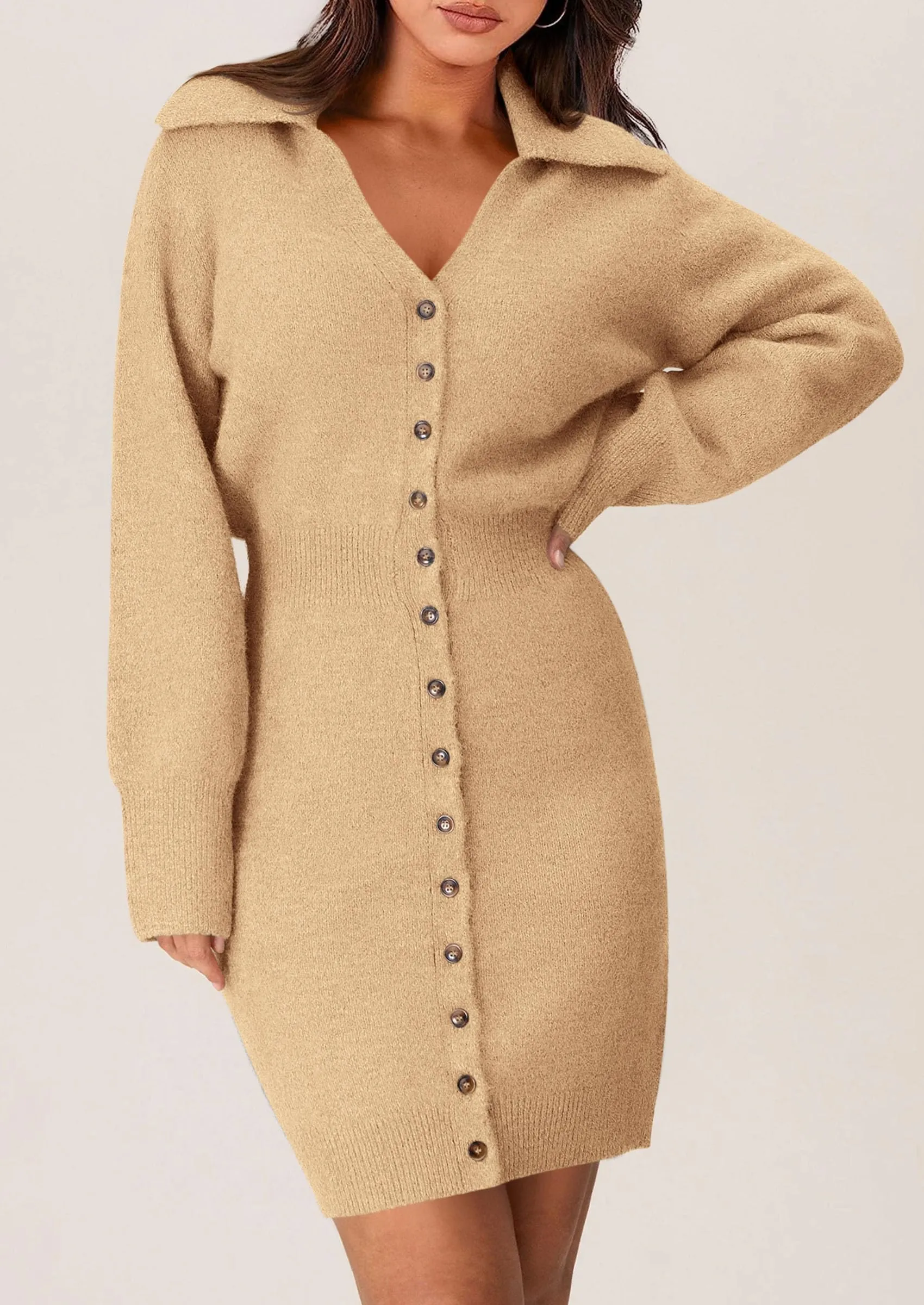 Long Sleeve V Neck Button Down Knit Pullover Sweater Dresses