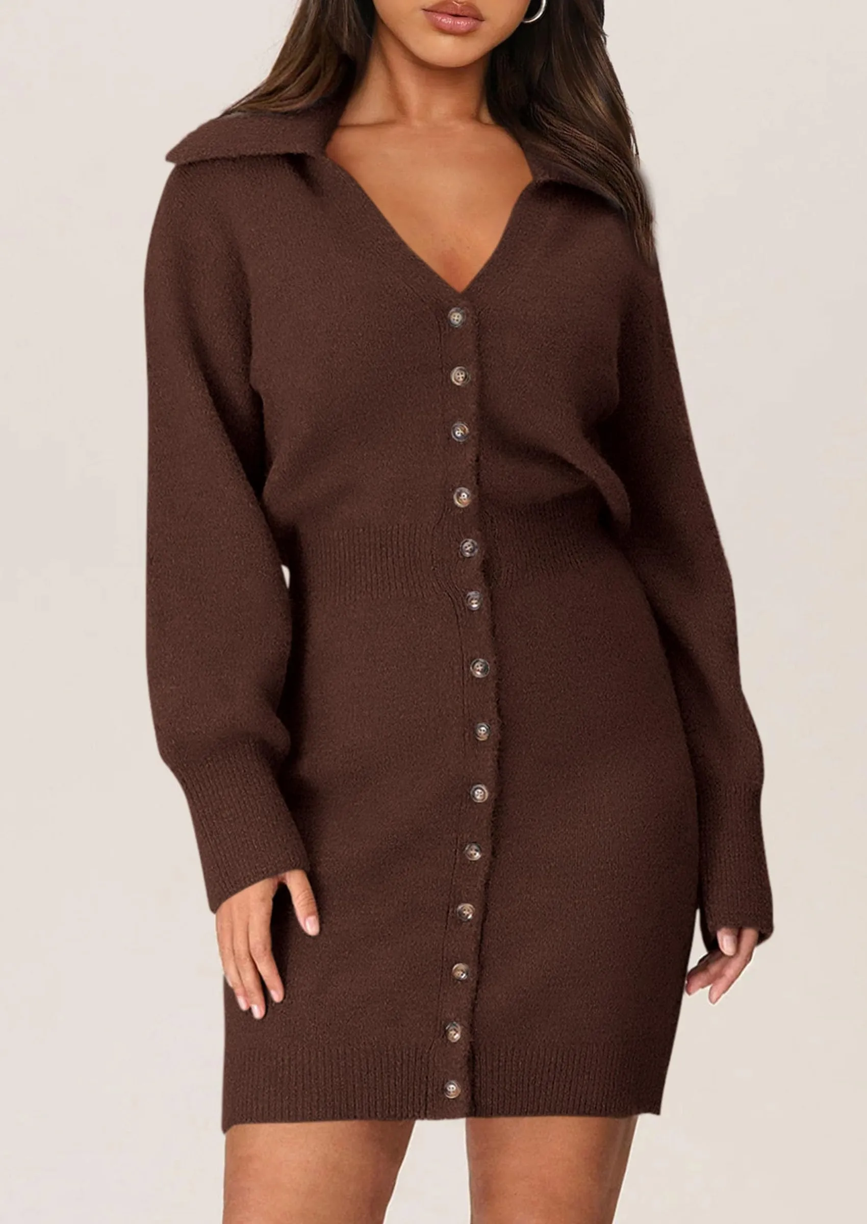 Long Sleeve V Neck Button Down Knit Pullover Sweater Dresses