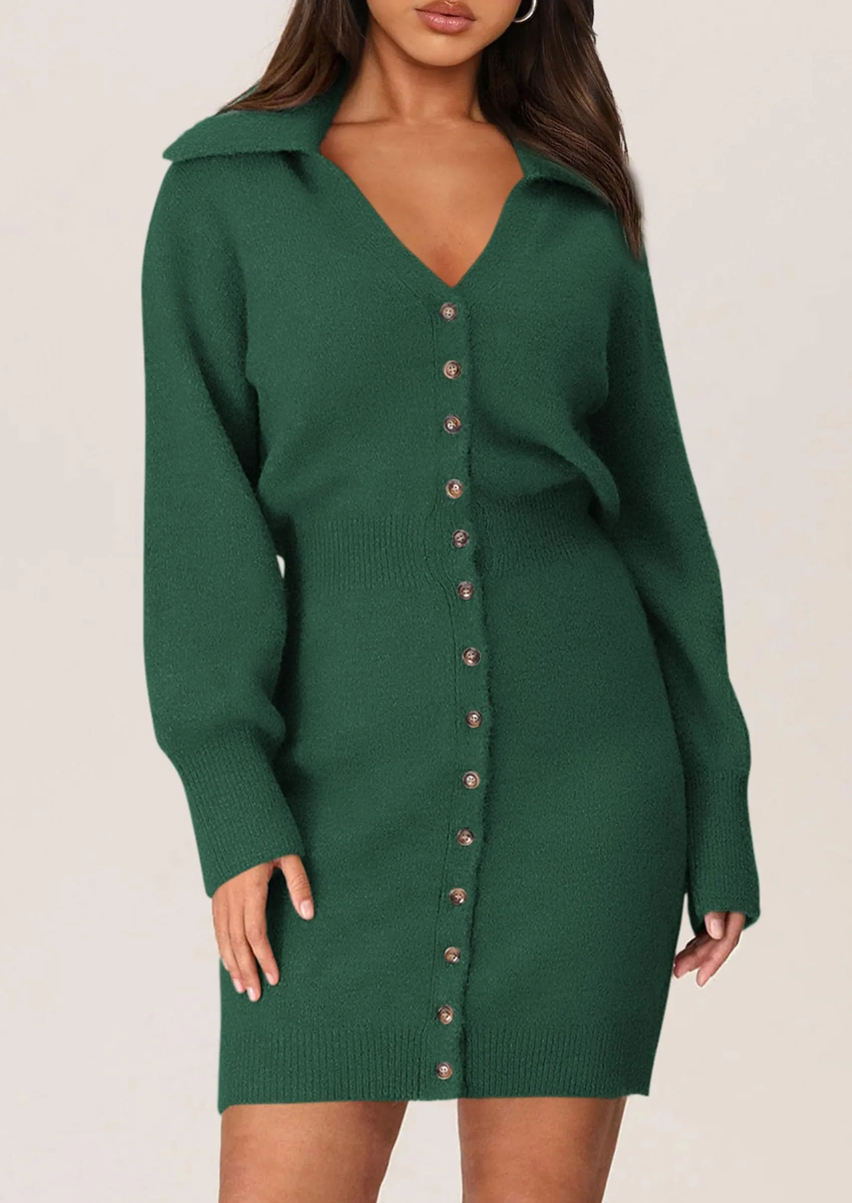 Long Sleeve V Neck Button Down Knit Pullover Sweater Dresses