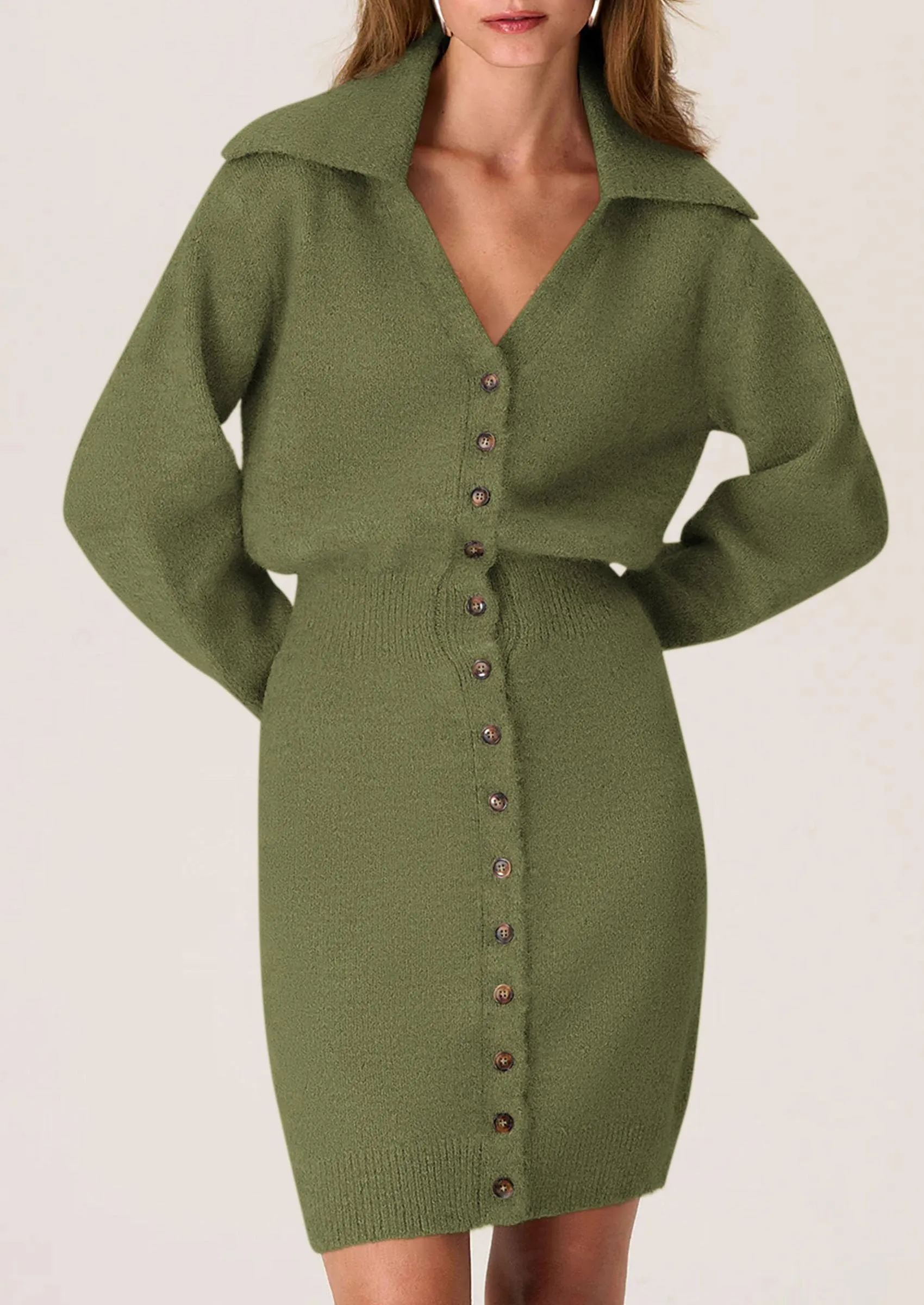 Long Sleeve V Neck Button Down Knit Pullover Sweater Dresses