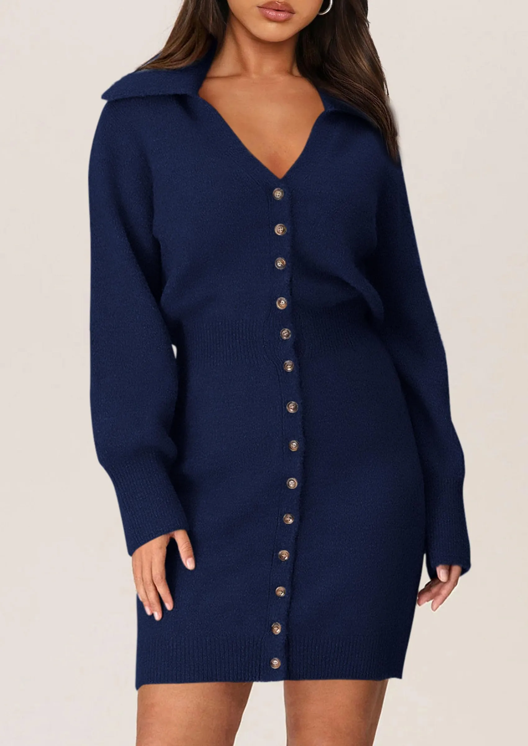 Long Sleeve V Neck Button Down Knit Pullover Sweater Dresses