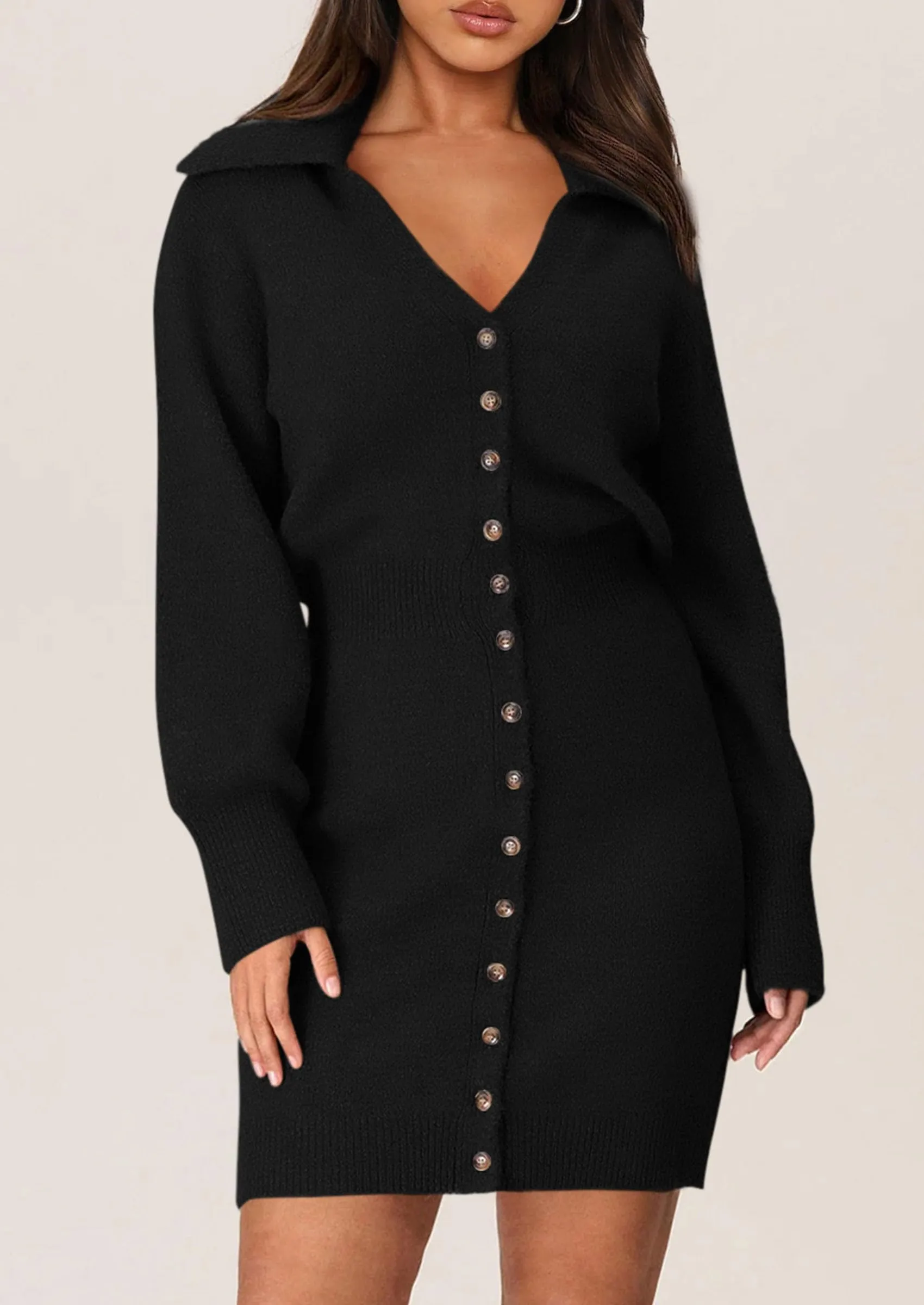 Long Sleeve V Neck Button Down Knit Pullover Sweater Dresses