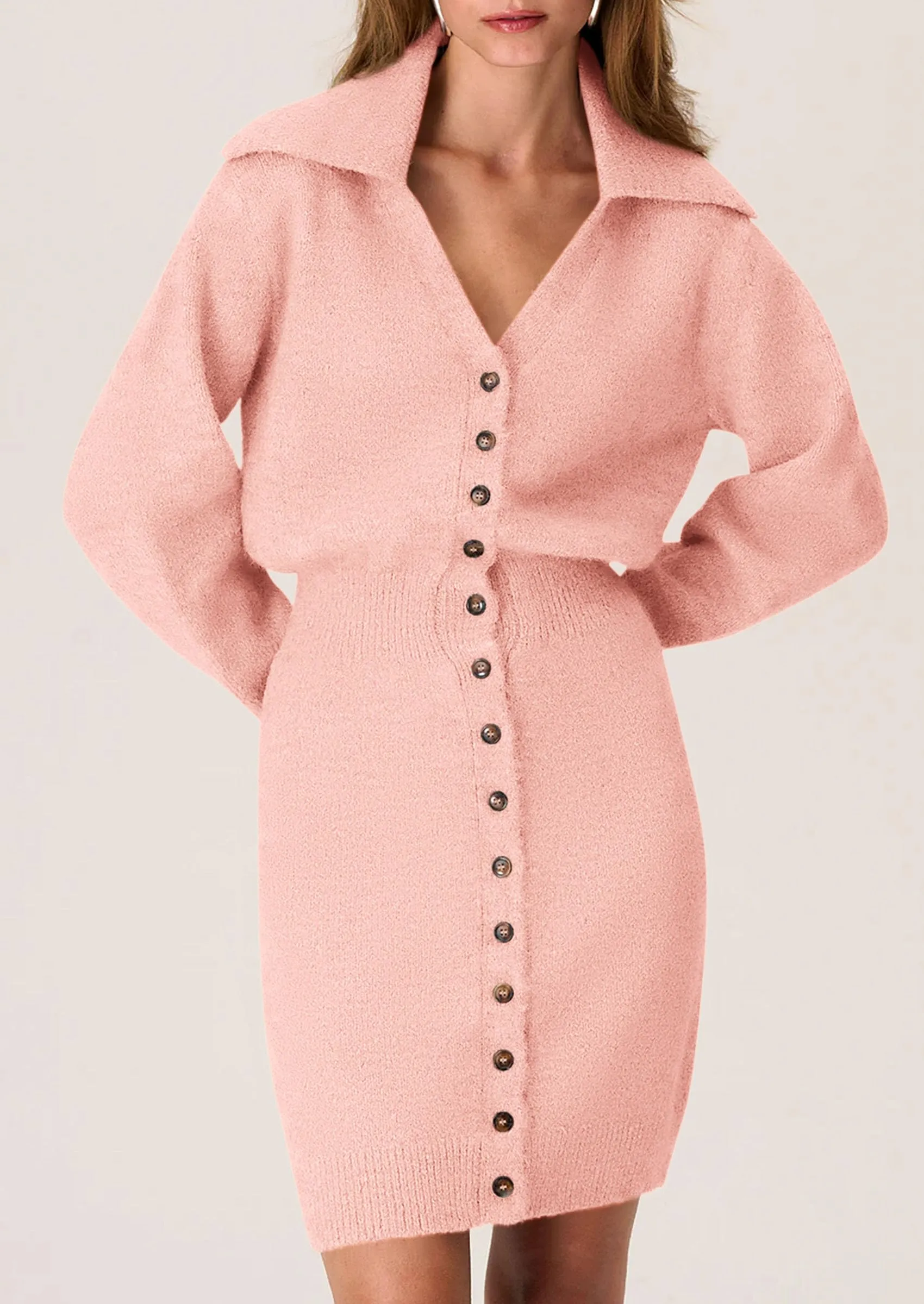Long Sleeve V Neck Button Down Knit Pullover Sweater Dresses