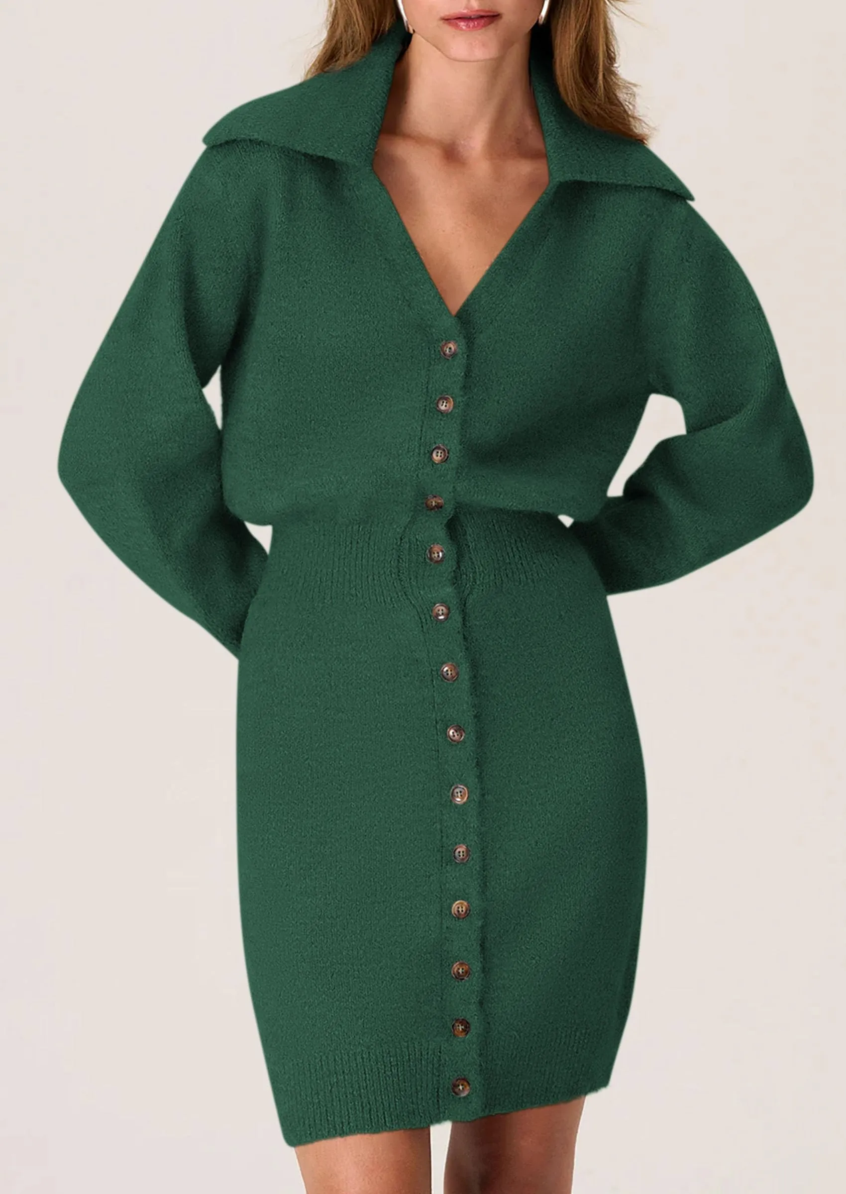 Long Sleeve V Neck Button Down Knit Pullover Sweater Dresses