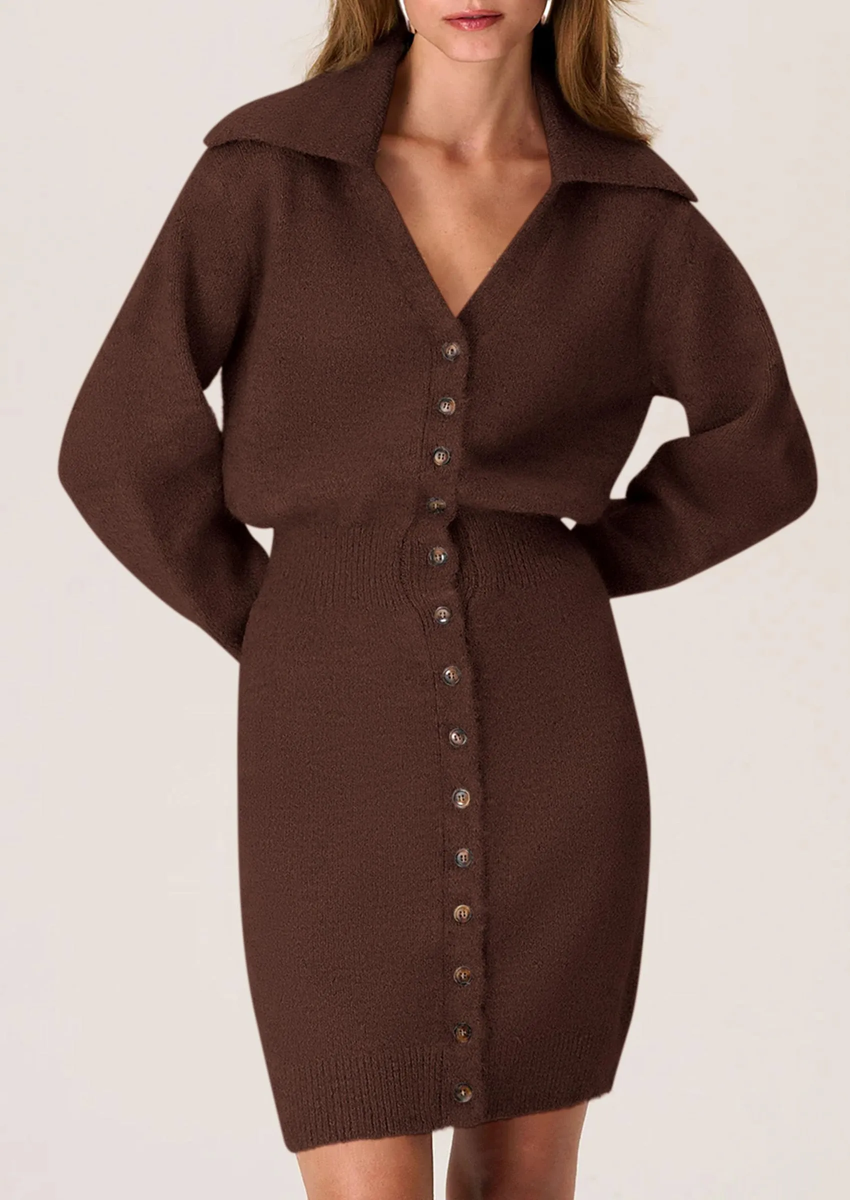 Long Sleeve V Neck Button Down Knit Pullover Sweater Dresses