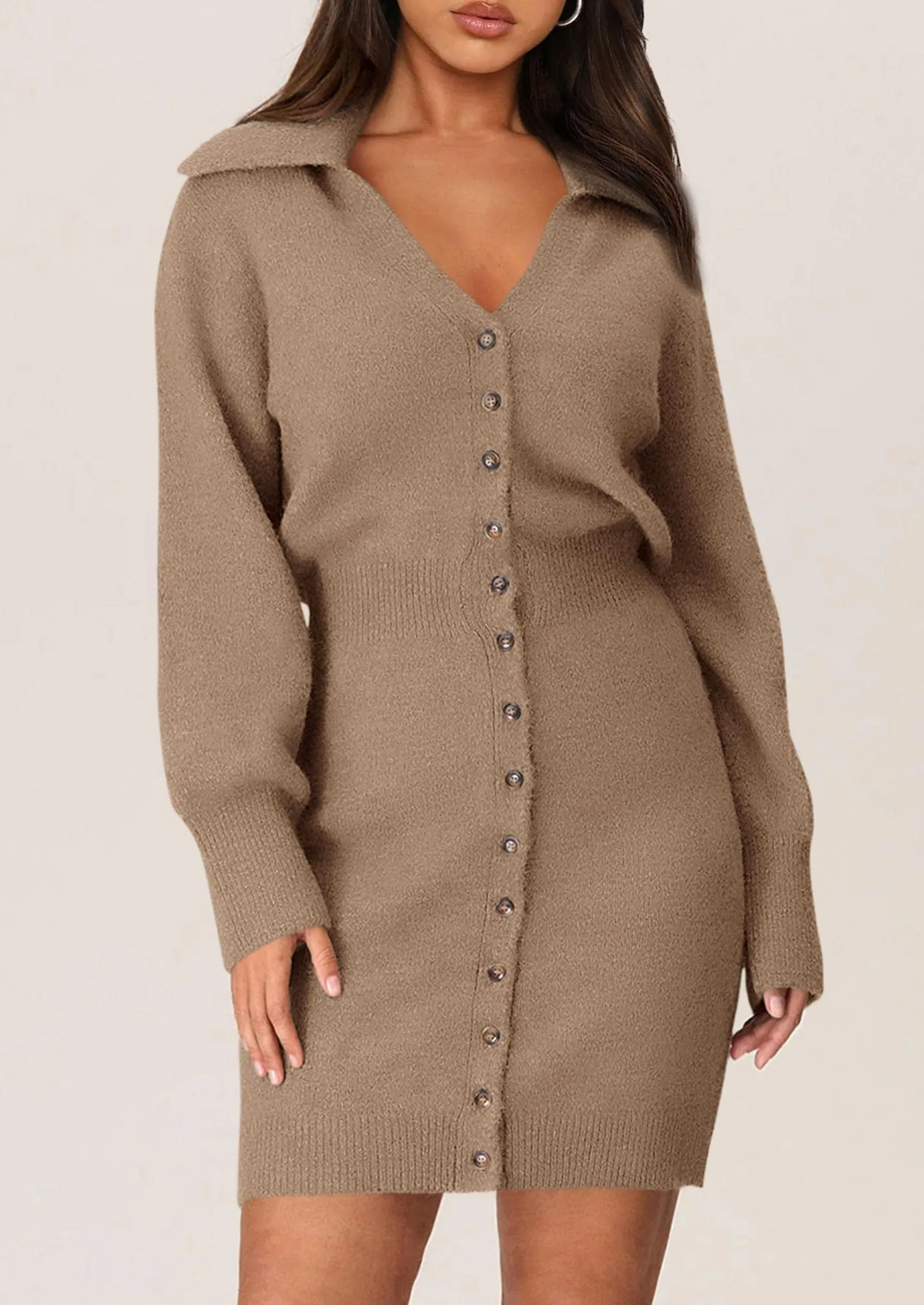 Long Sleeve V Neck Button Down Knit Pullover Sweater Dresses