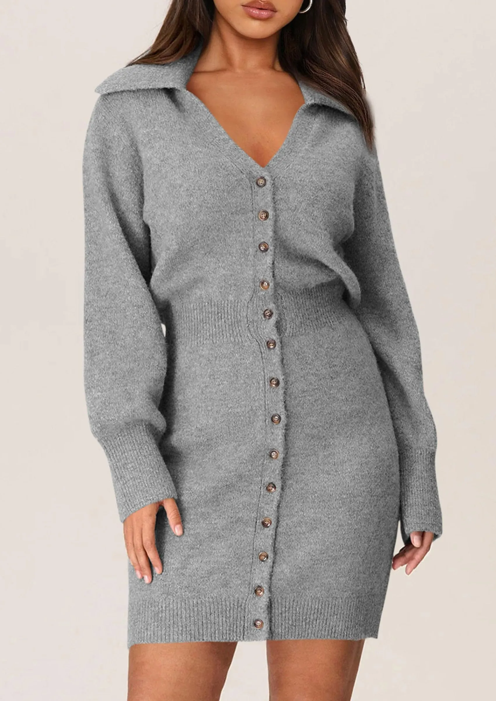 Long Sleeve V Neck Button Down Knit Pullover Sweater Dresses
