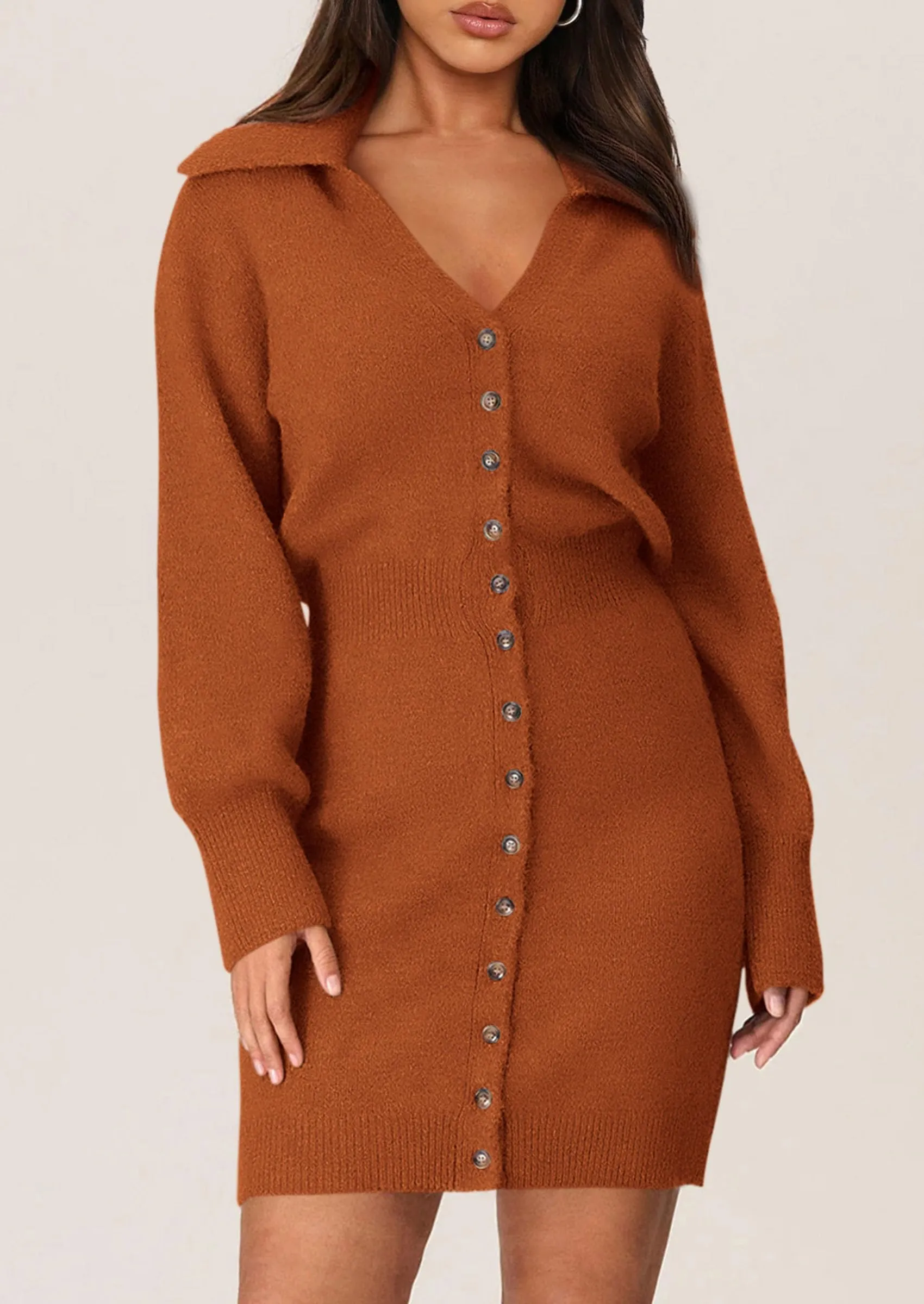 Long Sleeve V Neck Button Down Knit Pullover Sweater Dresses