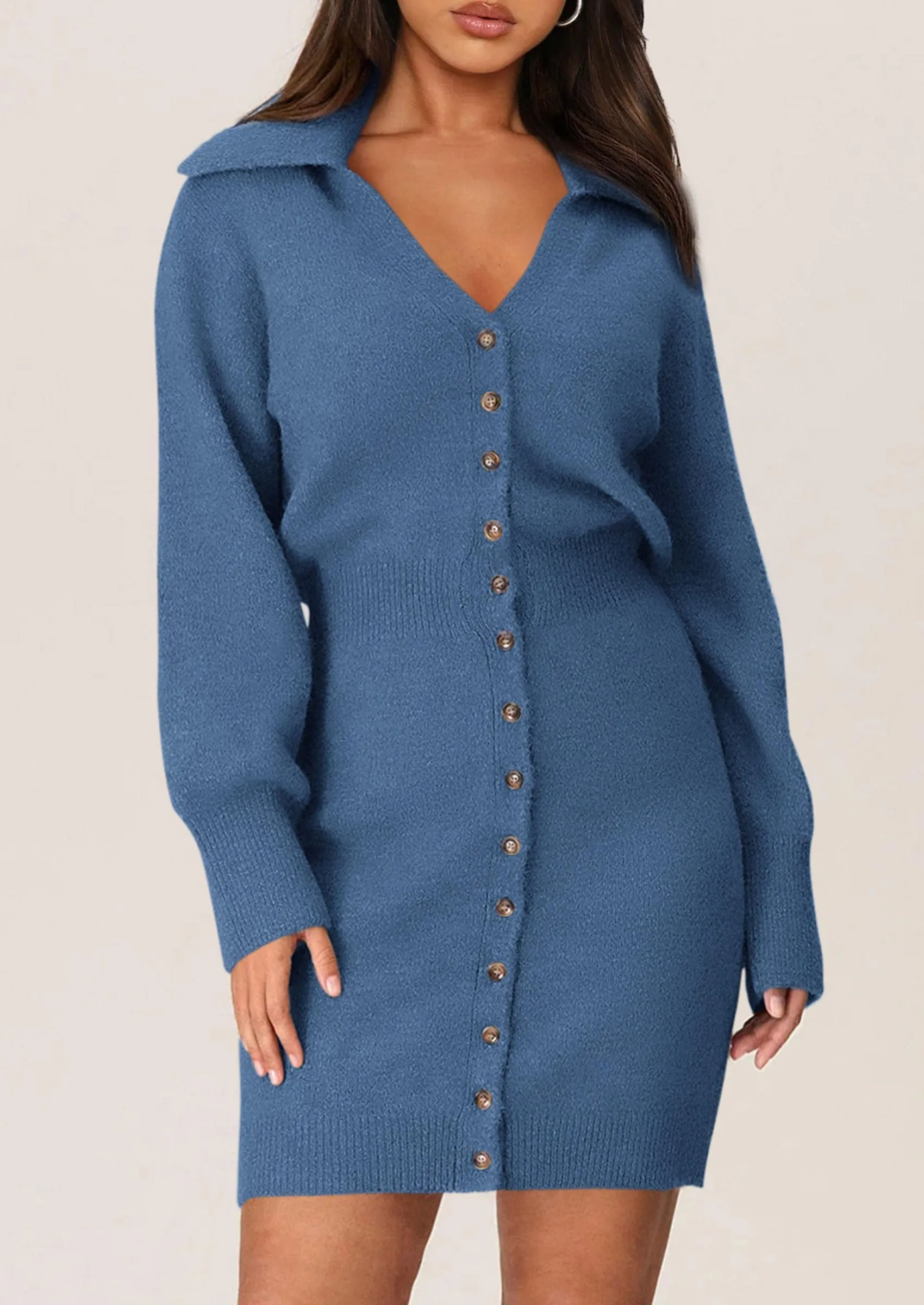 Long Sleeve V Neck Button Down Knit Pullover Sweater Dresses