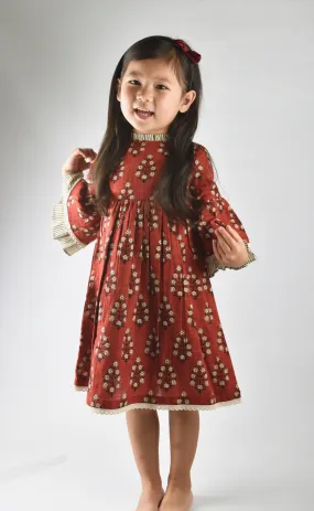 Maroon Dress with Pin Stripe Detail on Sleeve and Neck