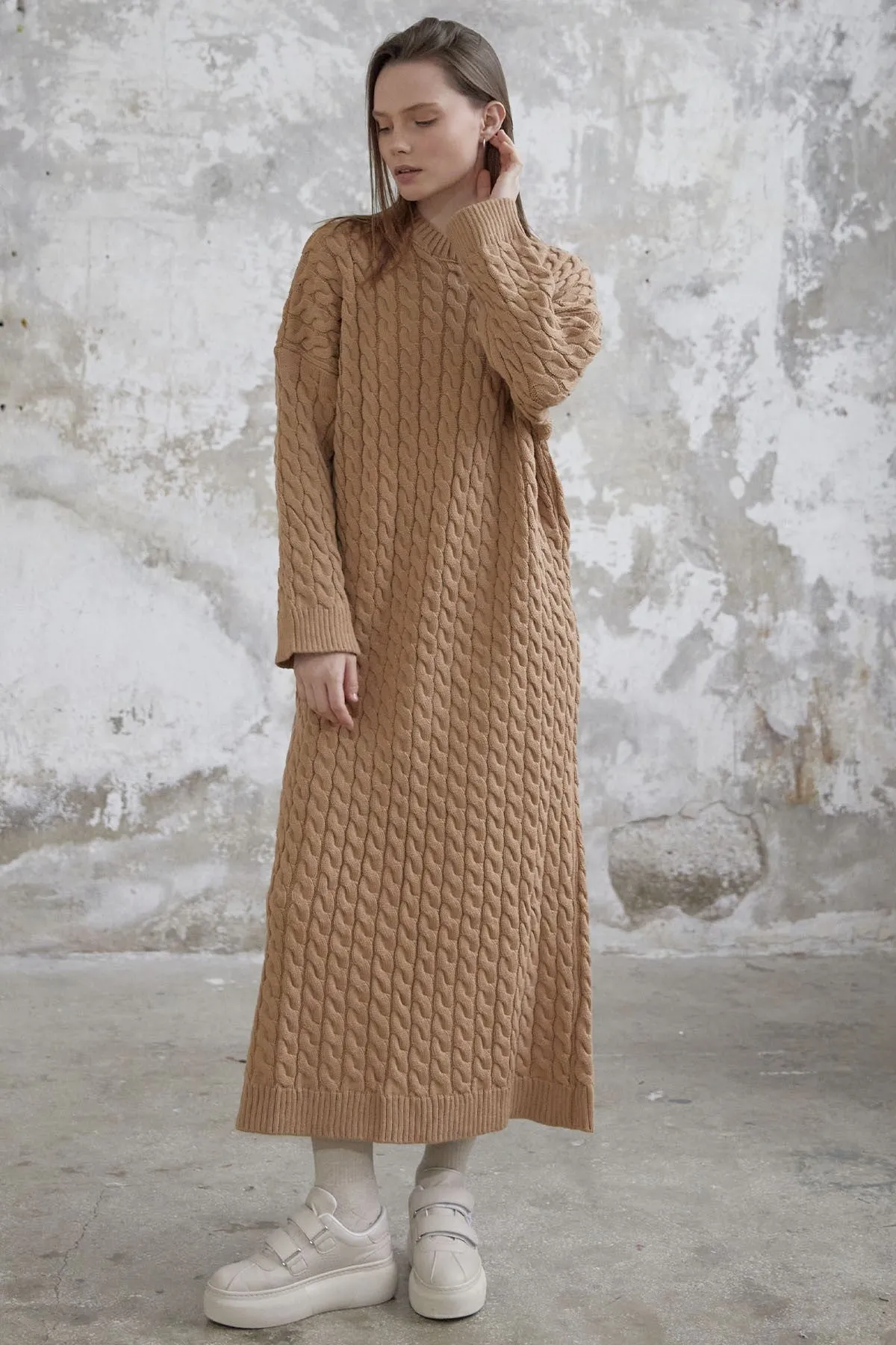 MDS Women Everly Knitted Patterned Sweater Dress - Camel - Arcadia
