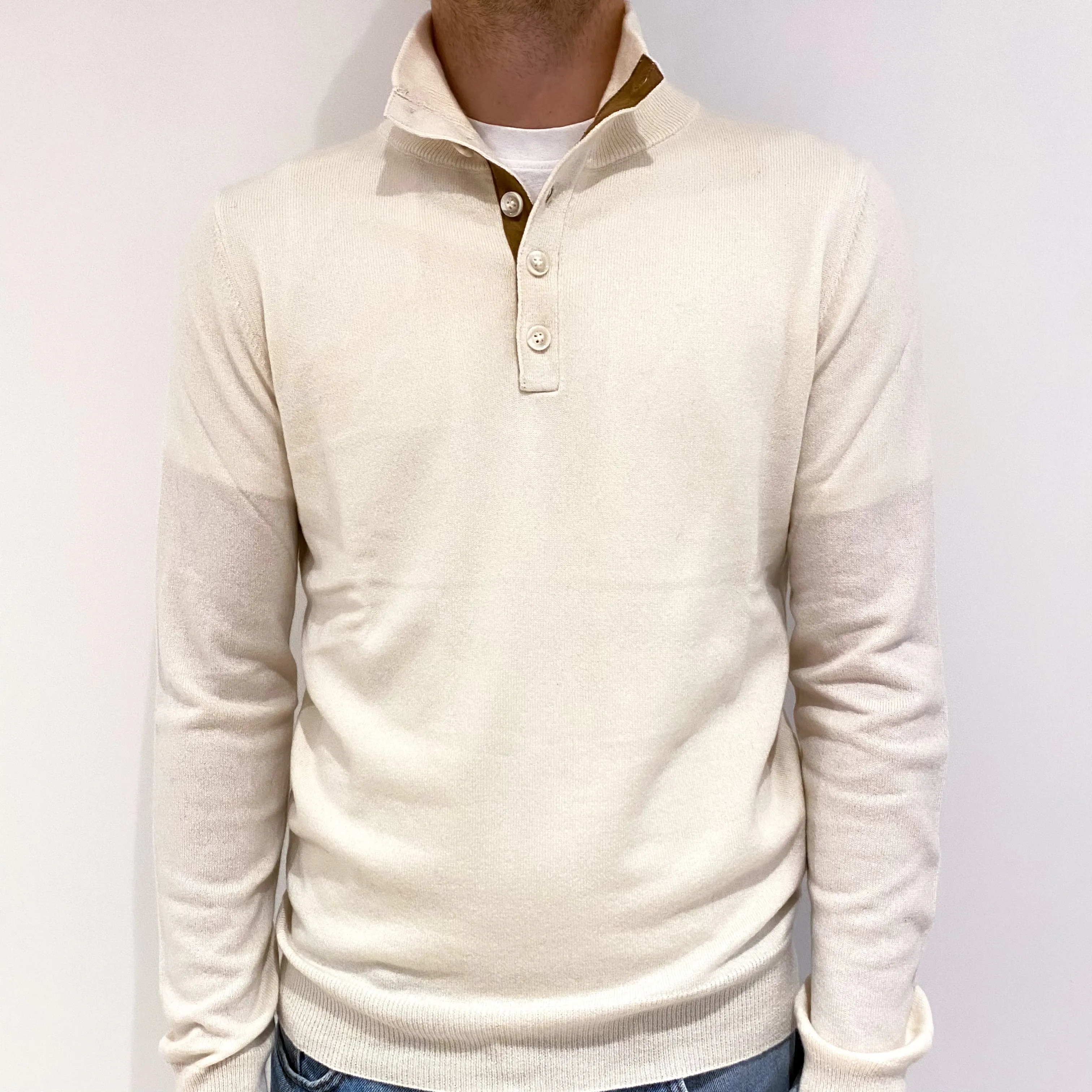 Men's Cream Cashmere Buttoned Turtle Neck Jumper Medium