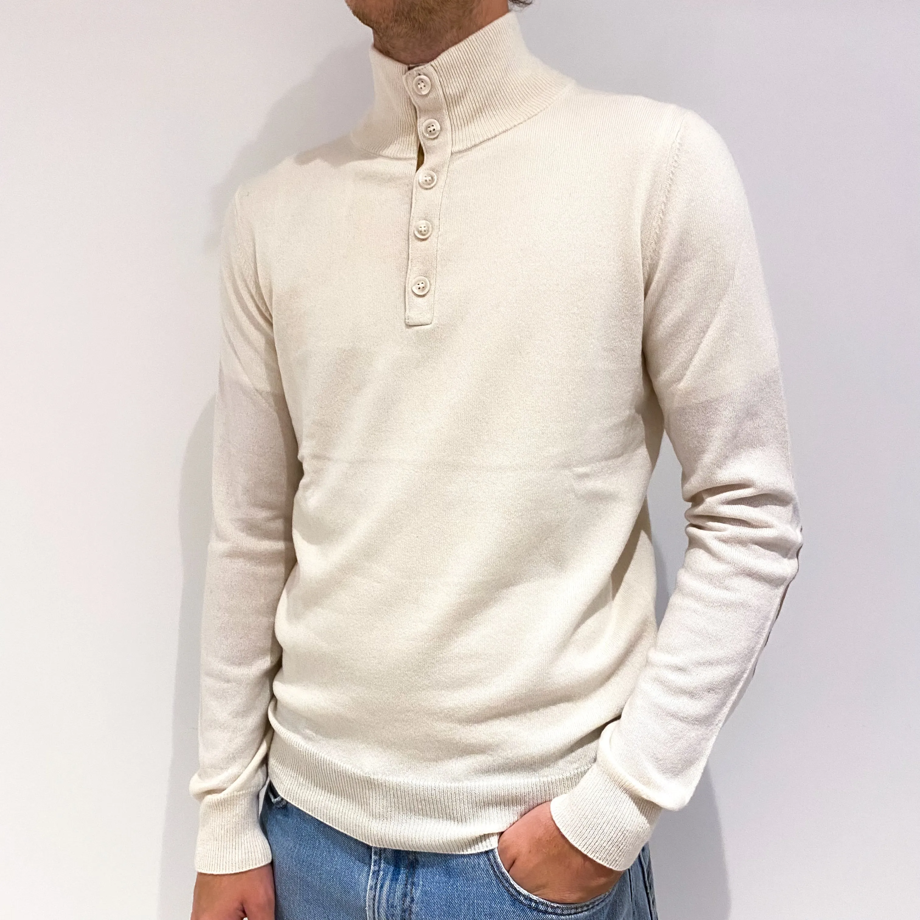 Men's Cream Cashmere Buttoned Turtle Neck Jumper Medium