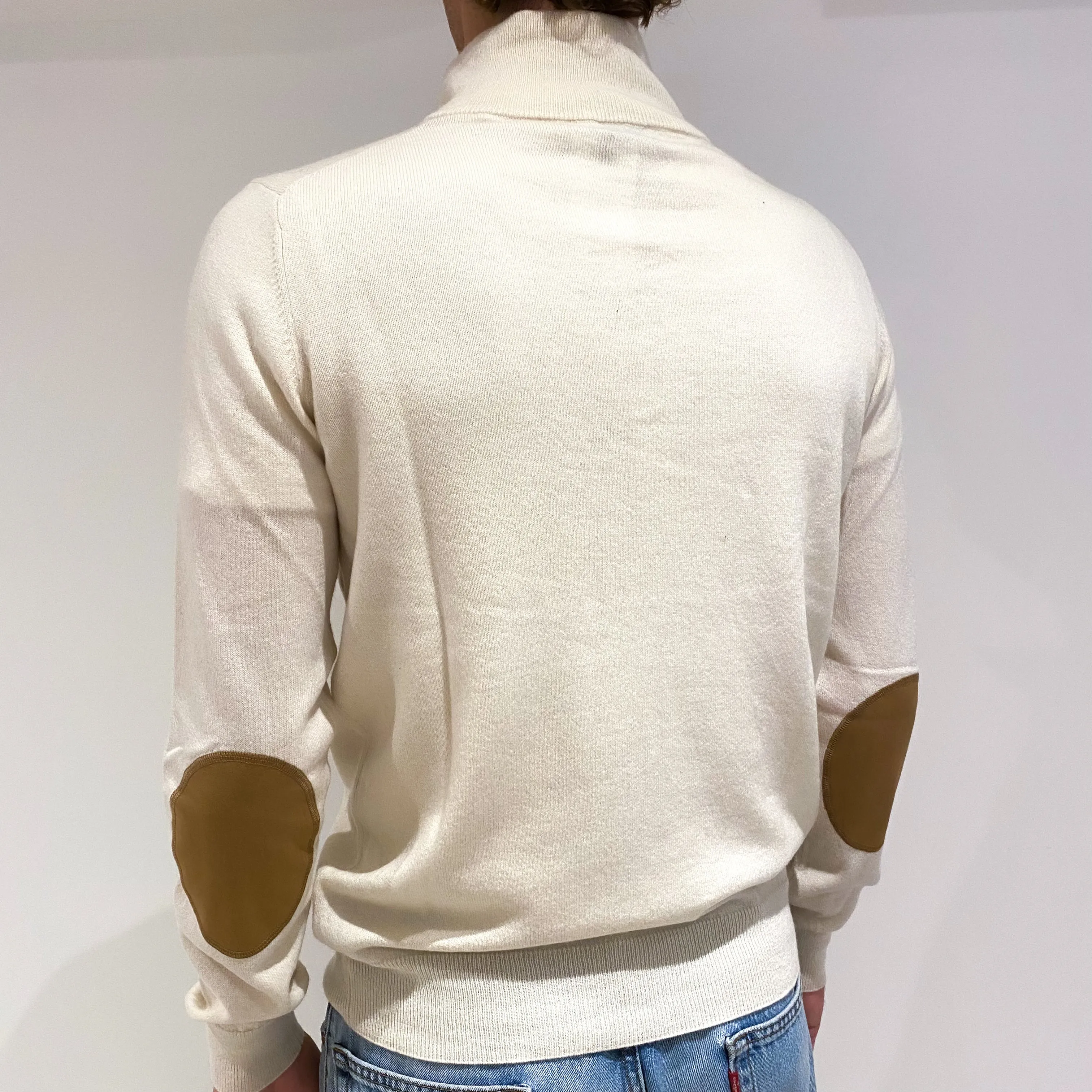 Men's Cream Cashmere Buttoned Turtle Neck Jumper Medium