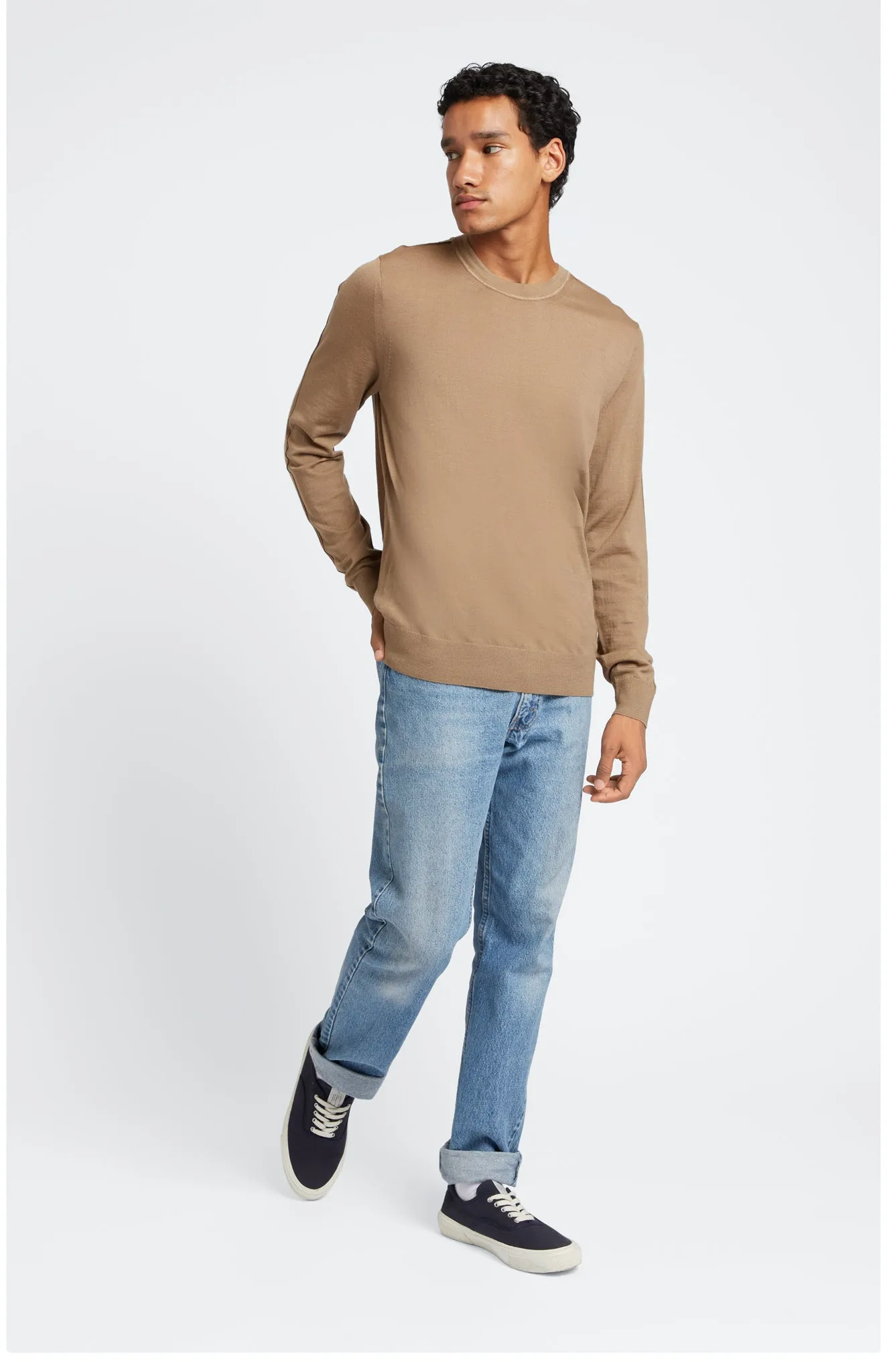 Men's Round Neck Merino Jumper In Tan