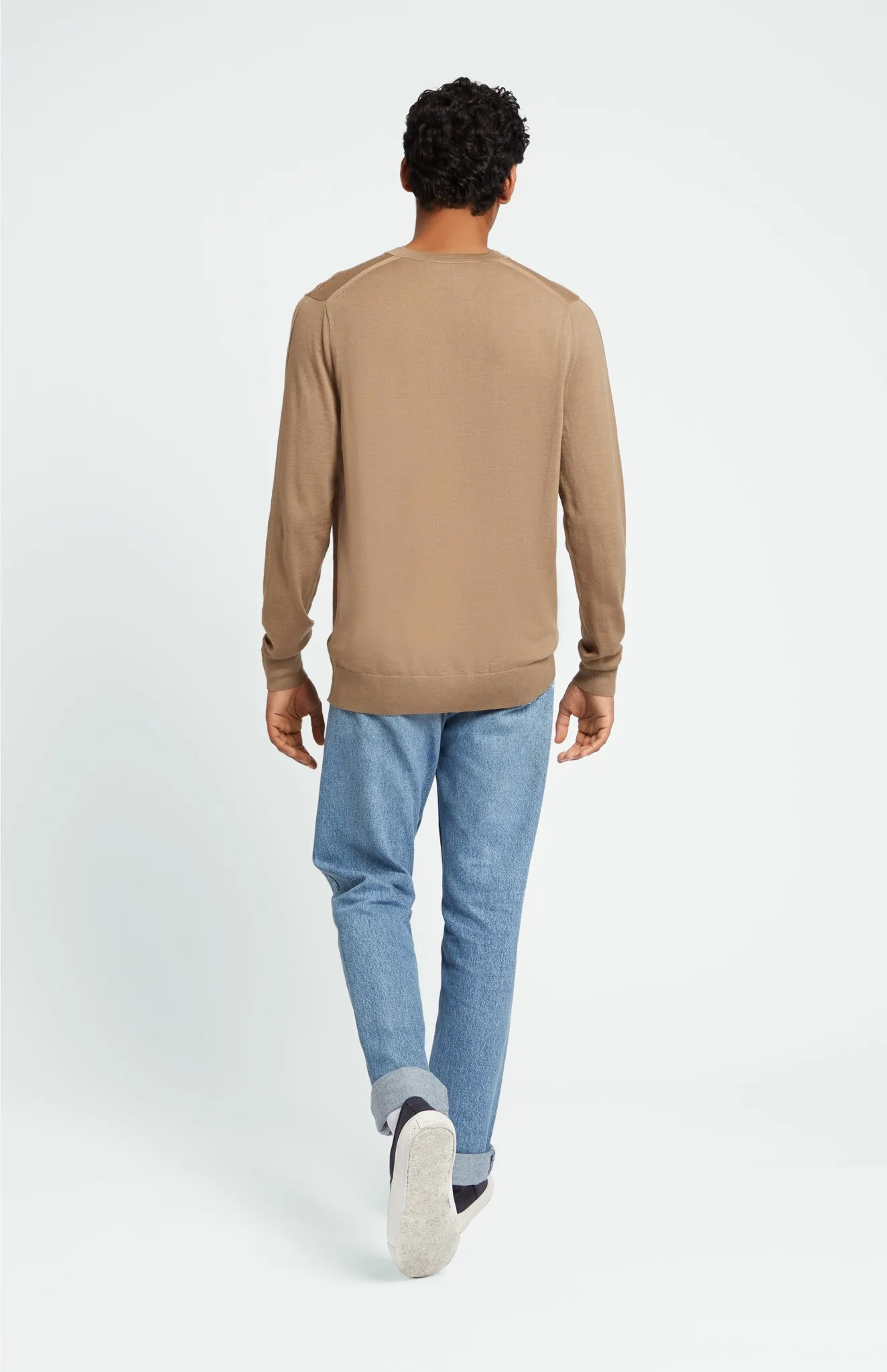 Men's Round Neck Merino Jumper In Tan